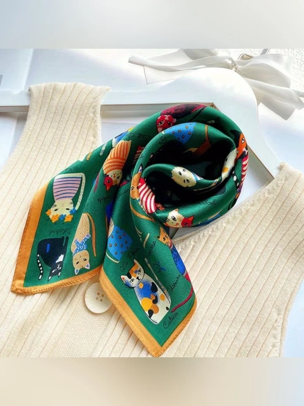 Green Cat Print Silk Scarf - Picture 4 of 5